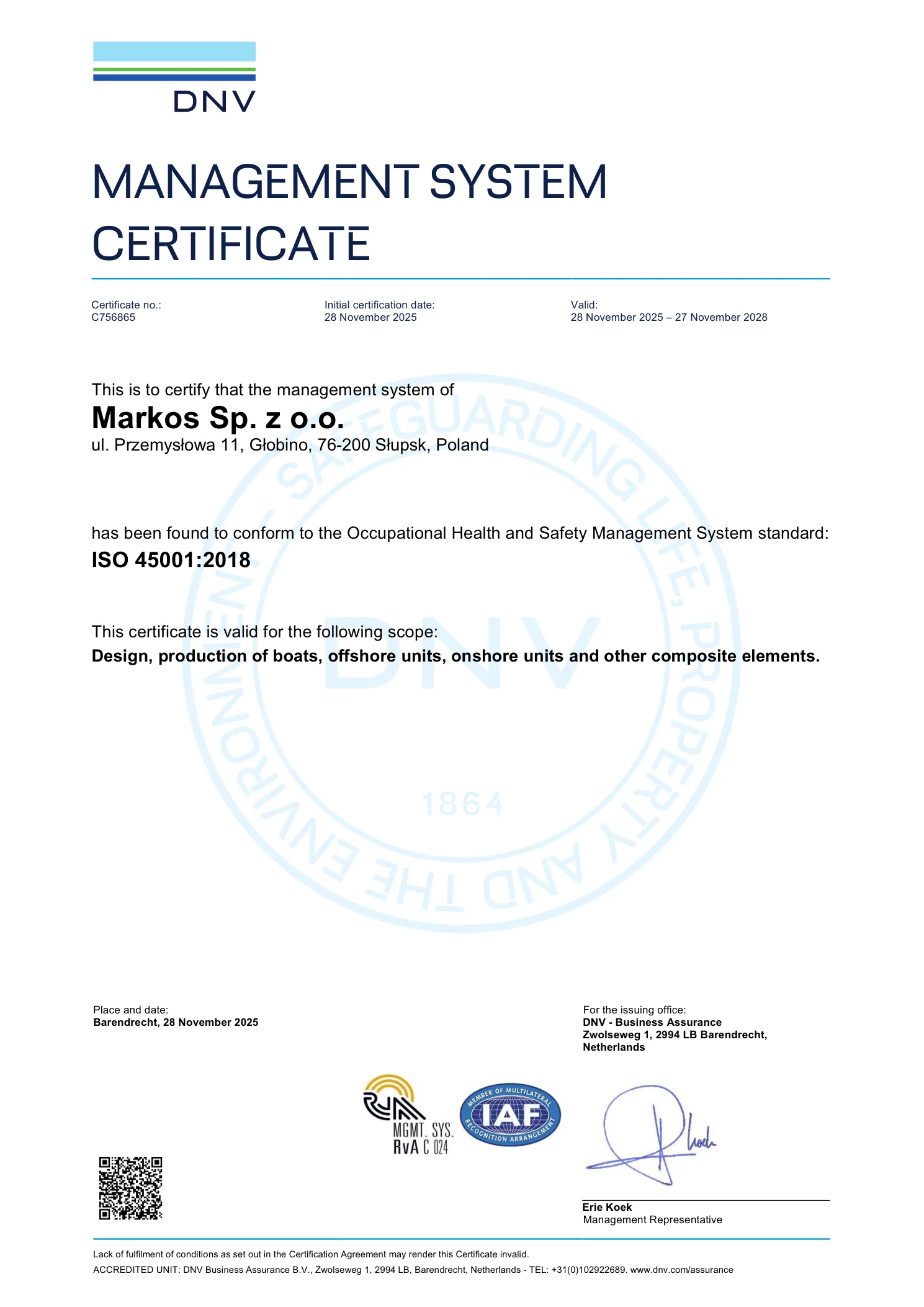 Occupational Health and Safety Management System Certificate (EN)