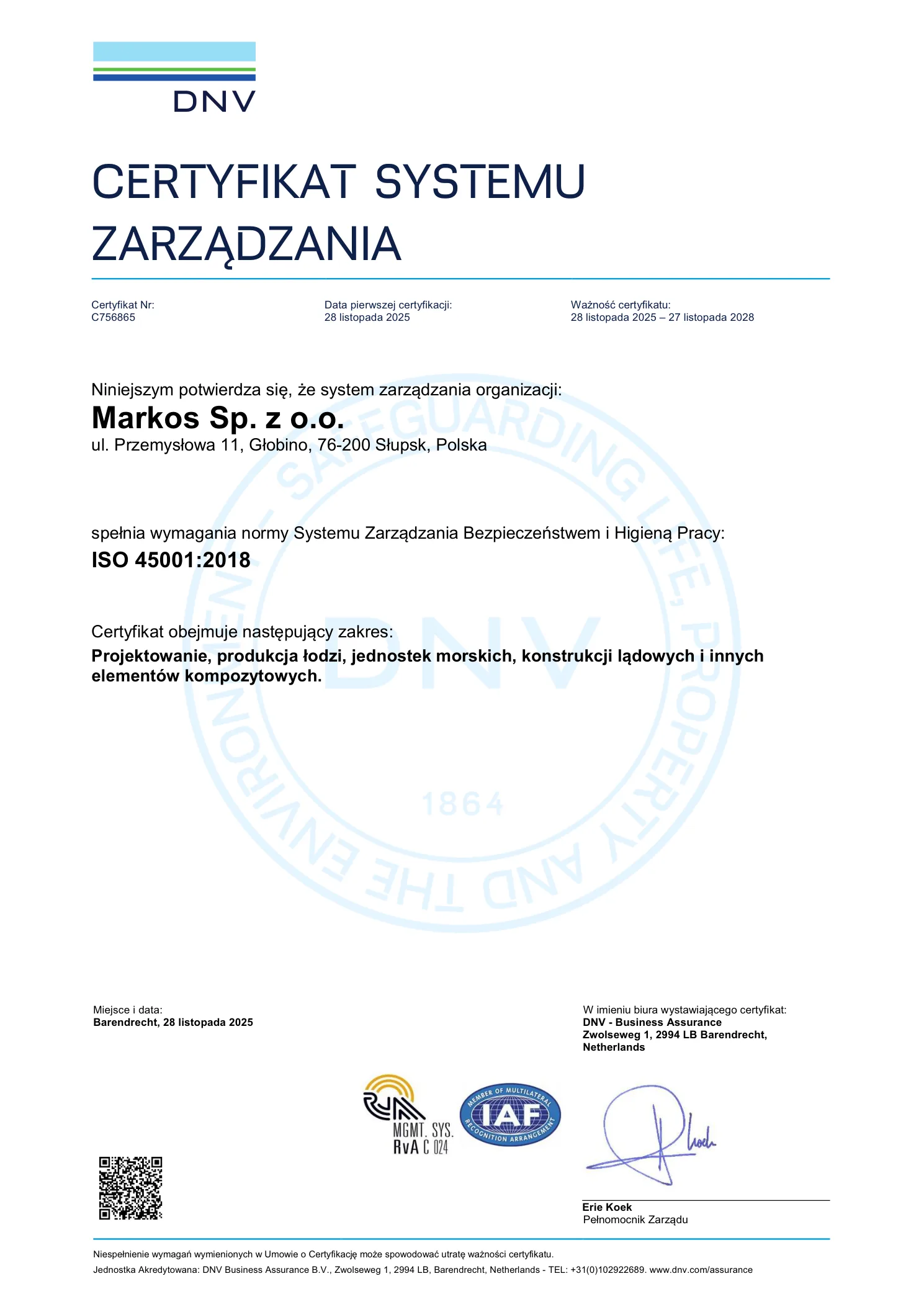 Certyfikat Systemu Zarządzania Bezpieczeństwem i Higieną Pracy (PL)